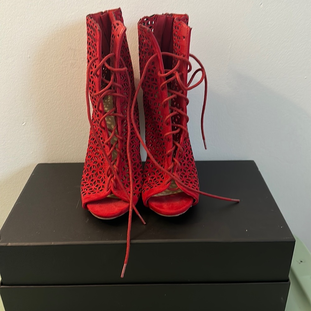 Wild Diva Red open toe lace up bootie-worn once sz 7